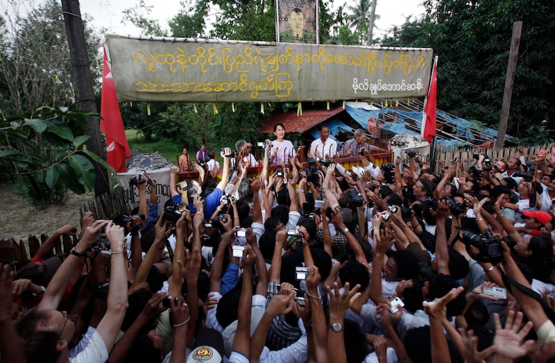 Myanmar's pro-democracy leader Aung San Suu Kyi after her release from house arrest in Yangon, Nov. 13, 2010.