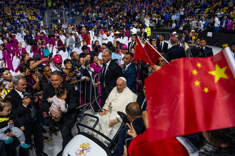 Pope Francis arrives to preside over a mass in the Mongolian capital Ulaanbaatar, Sept. 3, 2023.