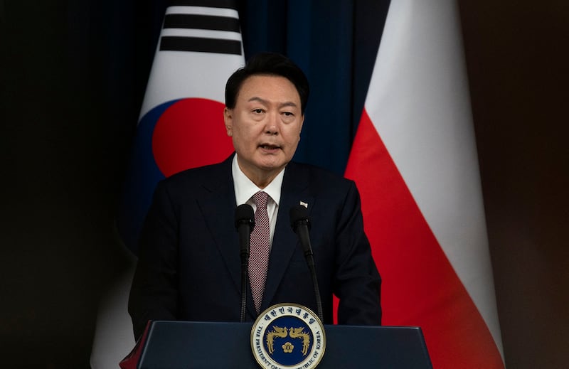 South Korea's President Yoon Suk Yeol speaks at the Presidential Office in Seoul on Oct. 24, 2024.
